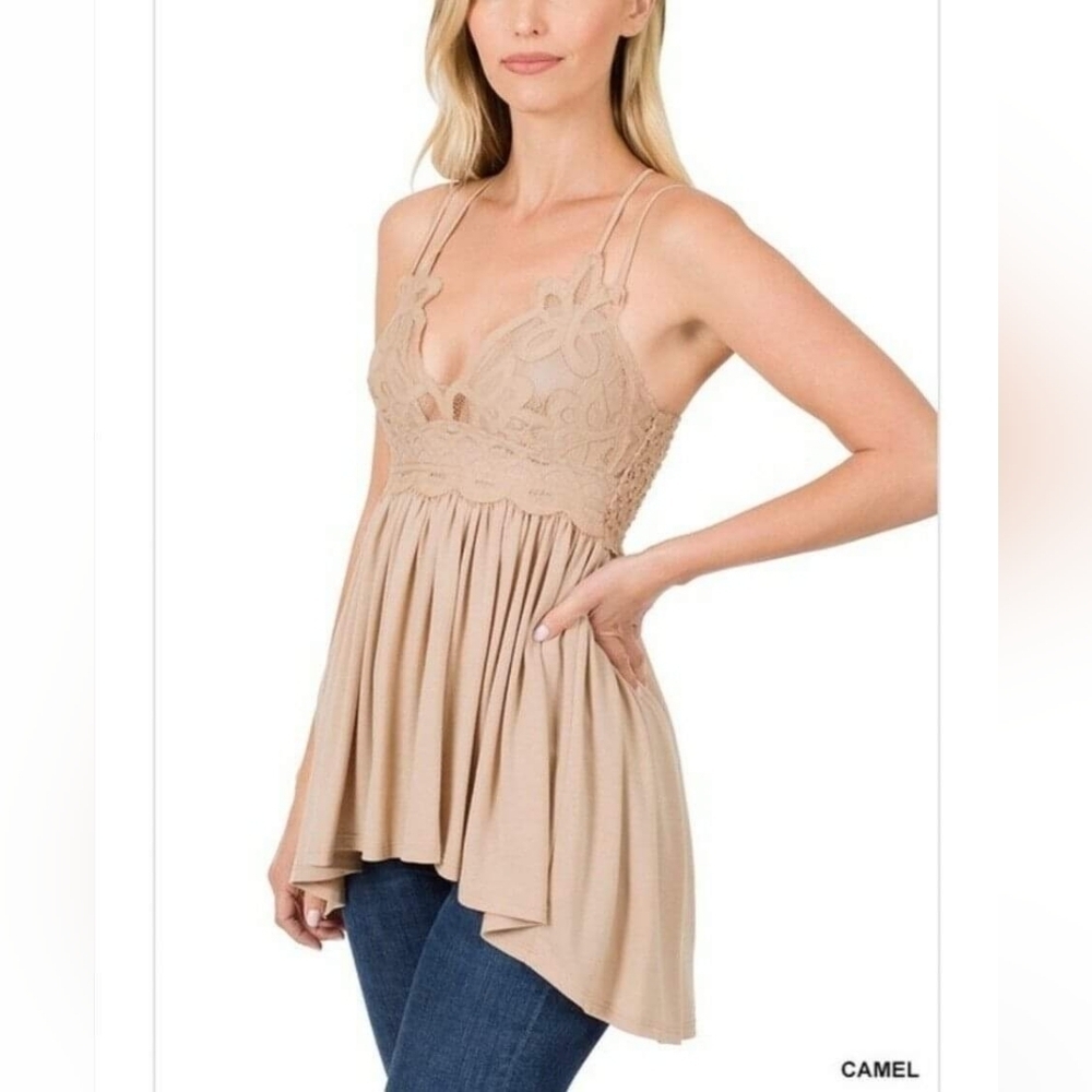 Zenana Beige Lace Ruffle Cami Top Boho Festival Whimsical Fairy Indie